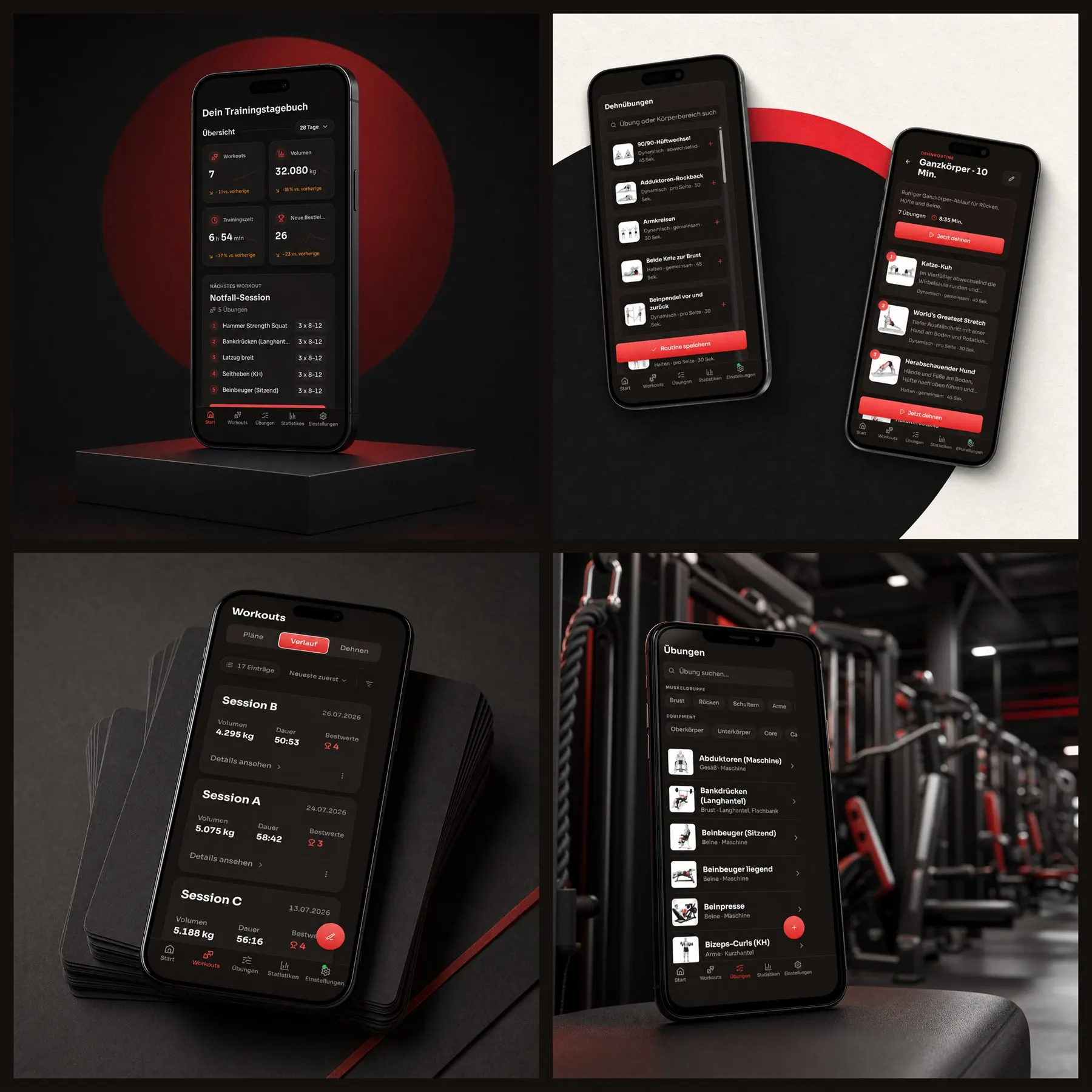 Vier RED-FURY-Mockups zeigen Dashboard, Dehnroutinen, Workout-Verlauf und Übungsbibliothek
