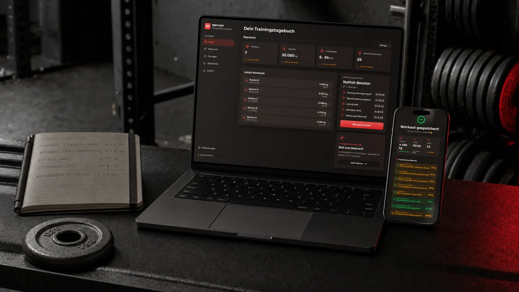RED FURY auf einem Laptop und Smartphone in einem dunklen Gym-Workspace