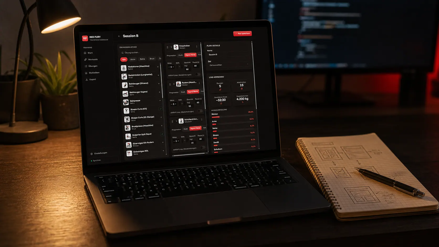 Laptop mit RED-FURY-Plan-Builder an einem abendlichen Entwicklungsarbeitsplatz